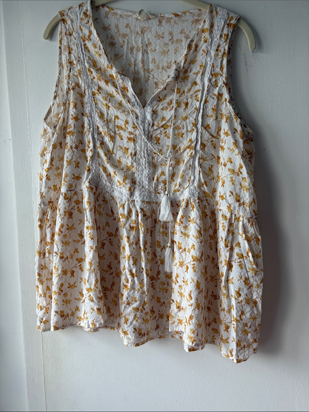 Jane and Delancey White Floral Sleeveless Peasant Top with Yellow Print